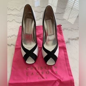Vintage Christian Lacroix peep toe heels. Size 6. White w/black trim 3.5 in heel